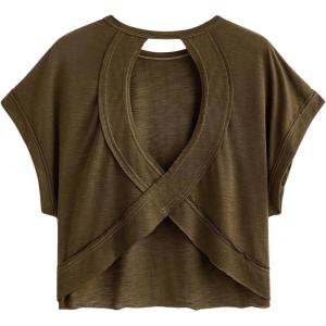 imageSOLY HUX 2024 Open Back Tops for Women Criss Cross Cut Out Tee Backless Casual Short Sleeve Round Neck T ShirtPlain Coffee Brown