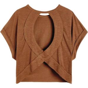 imageSOLY HUX 2024 Open Back Tops for Women Criss Cross Cut Out Tee Backless Casual Short Sleeve Round Neck T ShirtPlain Dark Brown