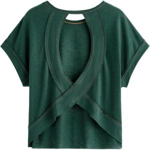 imageSOLY HUX 2024 Open Back Tops for Women Criss Cross Cut Out Tee Backless Casual Short Sleeve Round Neck T ShirtPlain Dark Green