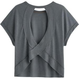 imageSOLY HUX 2024 Open Back Tops for Women Criss Cross Cut Out Tee Backless Casual Short Sleeve Round Neck T ShirtPlain Dark Grey