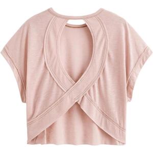 imageSOLY HUX 2024 Open Back Tops for Women Criss Cross Cut Out Tee Backless Casual Short Sleeve Round Neck T ShirtPlain Dusty Pink