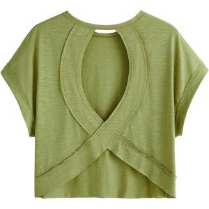 imageSOLY HUX 2024 Open Back Tops for Women Criss Cross Cut Out Tee Backless Casual Short Sleeve Round Neck T ShirtPlain Green