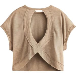imageSOLY HUX 2024 Open Back Tops for Women Criss Cross Cut Out Tee Backless Casual Short Sleeve Round Neck T ShirtPlain Khaki
