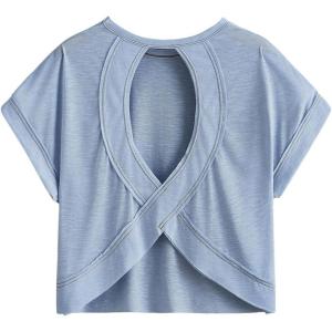 imageSOLY HUX 2024 Open Back Tops for Women Criss Cross Cut Out Tee Backless Casual Short Sleeve Round Neck T ShirtPlain Light Blue