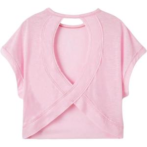 imageSOLY HUX 2024 Open Back Tops for Women Criss Cross Cut Out Tee Backless Casual Short Sleeve Round Neck T ShirtPlain Light Pink