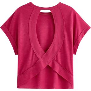 imageSOLY HUX 2024 Open Back Tops for Women Criss Cross Cut Out Tee Backless Casual Short Sleeve Round Neck T ShirtPlain Red Violet