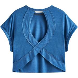 imageSOLY HUX 2024 Open Back Tops for Women Criss Cross Cut Out Tee Backless Casual Short Sleeve Round Neck T ShirtPlain Teal Blue