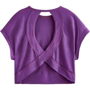 imageSOLY HUX 2024 Open Back Tops for Women Criss Cross Cut Out Tee Backless Casual Short Sleeve Round Neck T ShirtPlain Violet Purple