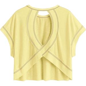 imageSOLY HUX 2024 Open Back Tops for Women Criss Cross Cut Out Tee Backless Casual Short Sleeve Round Neck T ShirtPlain Yellow