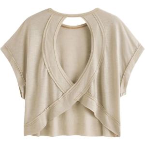 imageSOLY HUX 2024 Open Back Tops for Women Criss Cross Cut Out Tee Backless Casual Short Sleeve Round Neck T ShirtPure Beige