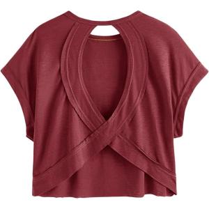 imageSOLY HUX 2024 Open Back Tops for Women Criss Cross Cut Out Tee Backless Casual Short Sleeve Round Neck T ShirtPure Burgundy