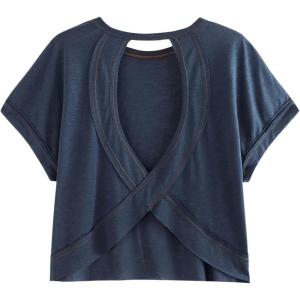 imageSOLY HUX 2024 Open Back Tops for Women Criss Cross Cut Out Tee Backless Casual Short Sleeve Round Neck T ShirtPure Dark Blue