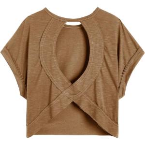 imageSOLY HUX 2024 Open Back Tops for Women Criss Cross Cut Out Tee Backless Casual Short Sleeve Round Neck T ShirtPure Mocha Brown