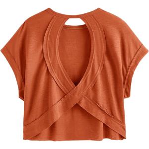 imageSOLY HUX 2024 Open Back Tops for Women Criss Cross Cut Out Tee Backless Casual Short Sleeve Round Neck T ShirtPure Rust Brown