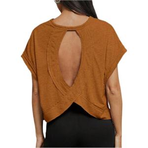 imageSOLY HUX 2024 Open Back Tops for Women Criss Cross Cut Out Tee Backless Casual Short Sleeve Round Neck T ShirtSolid Brown