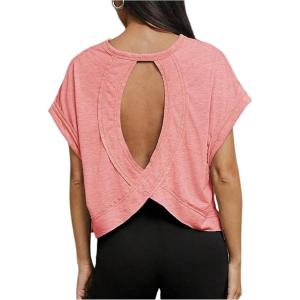 imageSOLY HUX 2024 Open Back Tops for Women Criss Cross Cut Out Tee Backless Casual Short Sleeve Round Neck T ShirtSolid Pink