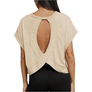 imageSOLY HUX 2024 Open Back Tops for Women Criss Cross Cut Out Tee Backless Casual Short Sleeve Round Neck T ShirtSolid Yellow