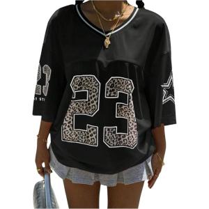 imageSOLY HUX Jersey Shirts for Women Y2k Oversized Graphic Tees V Neck Half Sleeve Cute Soccer Streetwear TopsBlack Letter