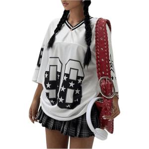 imageSOLY HUX Jersey Shirts for Women Y2k Oversized Graphic Tees V Neck Half Sleeve Cute Soccer Streetwear TopsBlack and White Letter