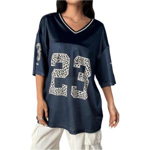 imageSOLY HUX Jersey Shirts for Women Y2k Oversized Graphic Tees V Neck Half Sleeve Cute Soccer Streetwear TopsDark Blue Letter