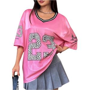 imageSOLY HUX Jersey Shirts for Women Y2k Oversized Graphic Tees V Neck Half Sleeve Cute Soccer Streetwear TopsHotpink Letter