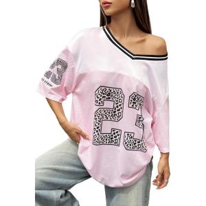 imageSOLY HUX Jersey Shirts for Women Y2k Oversized Graphic Tees V Neck Half Sleeve Cute Soccer Streetwear TopsPink Letter