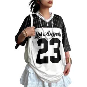 imageSOLY HUX Jersey Shirts for Women Y2k Oversized T Shirt Striped Number Graphic Tees V Neck Half Sleeve Streetwear TopsBlack and White Number
