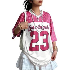 imageSOLY HUX Jersey Shirts for Women Y2k Oversized T Shirt Striped Number Graphic Tees V Neck Half Sleeve Streetwear TopsPink and White Number