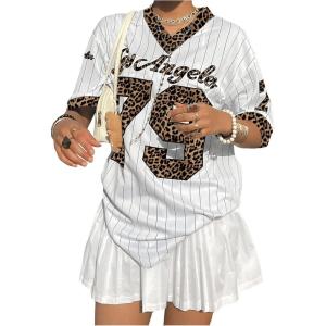 imageSOLY HUX Jersey Shirts for Women Y2k Oversized T Shirt Striped Number Graphic Tees V Neck Half Sleeve Streetwear TopsWhite Leopard