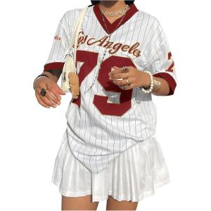 imageSOLY HUX Jersey Shirts for Women Y2k Oversized T Shirt Striped Number Graphic Tees V Neck Half Sleeve Streetwear TopsWhite and Burgundy Letter