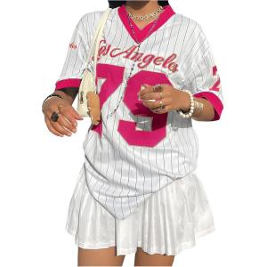 imageSOLY HUX Jersey Shirts for Women Y2k Oversized T Shirt Striped Number Graphic Tees V Neck Half Sleeve Streetwear TopsWhite and Hotpink Letter