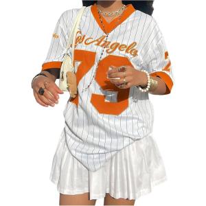 imageSOLY HUX Jersey Shirts for Women Y2k Oversized T Shirt Striped Number Graphic Tees V Neck Half Sleeve Streetwear TopsWhite and Orange Letter
