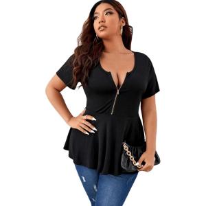 imageSOLY HUX Plus Size Women Sexy Half Zip Up Low Cut Short Sleeve Ruffle Babydoll Peplum TopsPlain Black