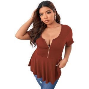 imageSOLY HUX Plus Size Women Sexy Half Zip Up Low Cut Short Sleeve Ruffle Babydoll Peplum TopsRust Brown