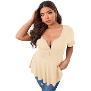 imageSOLY HUX Plus Size Women Sexy Half Zip Up Low Cut Short Sleeve Ruffle Babydoll Peplum TopsSolid Khaki