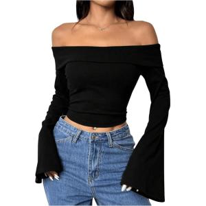 imageSOLY HUX Womens Long Bell Sleeve Crop Top Off The Shoulder Going Out Tops Sexy Y2K Fitted Tee ShirtsPure Black