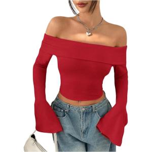 imageSOLY HUX Womens Long Bell Sleeve Crop Top Off The Shoulder Going Out Tops Sexy Y2K Fitted Tee ShirtsSolid Red