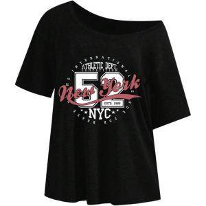 imageSOLY HUX Womens Number Graphic Tees Letter Print Off The Shoulder Short Sleeve Loose T Shirt TopsBlack Letter