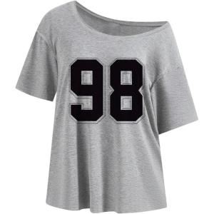 imageSOLY HUX Womens Number Graphic Tees Letter Print Off The Shoulder Short Sleeve Loose T Shirt TopsGrey Letter