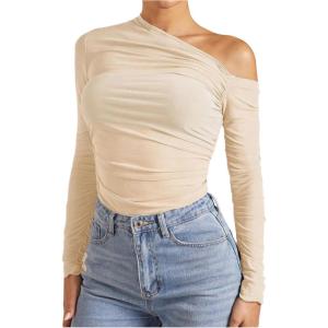 imageSOLY HUX Womens Off The Shoulder Tops Long Sleeve Ruched Sheer Tee Shirts Asymmetrical Slim Fit Going Out Tee TopSolid Apricot