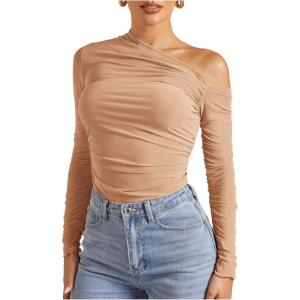 imageSOLY HUX Womens Off The Shoulder Tops Long Sleeve Ruched Sheer Tee Shirts Asymmetrical Slim Fit Going Out Tee TopSolid Khaki