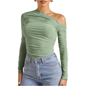 imageSOLY HUX Womens Off The Shoulder Tops Long Sleeve Ruched Sheer Tee Shirts Asymmetrical Slim Fit Going Out Tee TopSolid Mint Green