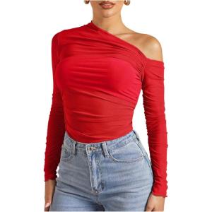 imageSOLY HUX Womens Off The Shoulder Tops Long Sleeve Ruched Sheer Tee Shirts Asymmetrical Slim Fit Going Out Tee TopSolid Red