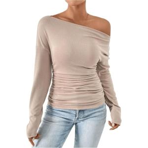 imageSOLY HUX Womens Ruched T Shirt Off The Shoulder Long Sleeve Tee Slim Fit Fall TopsPure Apricot