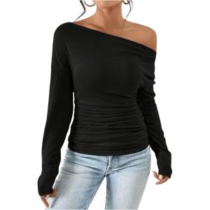 imageSOLY HUX Womens Ruched T Shirt Off The Shoulder Long Sleeve Tee Slim Fit Fall TopsPure Black