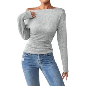 imageSOLY HUX Womens Ruched T Shirt Off The Shoulder Long Sleeve Tee Slim Fit Fall TopsPure Grey