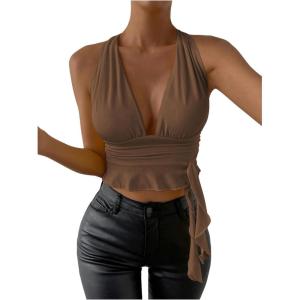 imageSOLY HUX Womens Sexy Deep VNeck Halter Crop Top Summer Beach Vacation Clothes Y2K Trendy Tank Top for Going Out PartyCoffee Brown