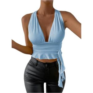 imageSOLY HUX Womens Sexy Deep VNeck Halter Crop Top Summer Beach Vacation Clothes Y2K Trendy Tank Top for Going Out PartyLight Blue
