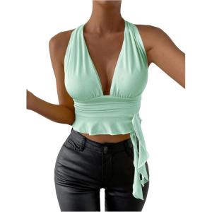 imageSOLY HUX Womens Sexy Deep VNeck Halter Crop Top Summer Beach Vacation Clothes Y2K Trendy Tank Top for Going Out PartyLight Green