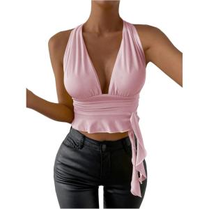 imageSOLY HUX Womens Sexy Deep VNeck Halter Crop Top Summer Beach Vacation Clothes Y2K Trendy Tank Top for Going Out PartyLight Pink